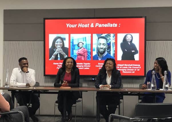 The event at PwC in Leeds featured Sonny Hanley, Abigail Marshall Katung, Griselda Togobo and Karen Finlayson.