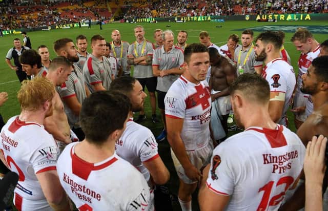 England's Sam Burgess speaks to his team after the final of the 2017 Rugby League World Cup at the Suncorp Stadium, Brisbane. Picture: Grant Trouvilles/NRL Imagery/PA.