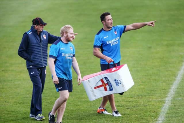 England head coach Wayne Bennett, James Graham and Sam Burgess (right) during a training session at South Leeds Stadium in October 2016. Picture: Danny Lawson/PA