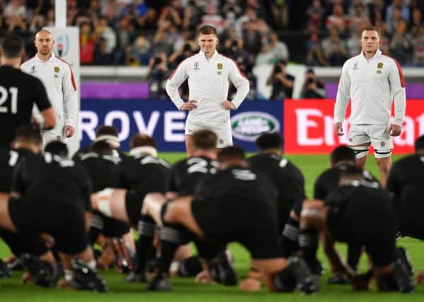 England's Owen Farrell (centre), Willi Heinz (left) and Sam Underhill face New Zealand's haka before the World Cup Semi-final on Saturday. Picture: Ashley Western/PA