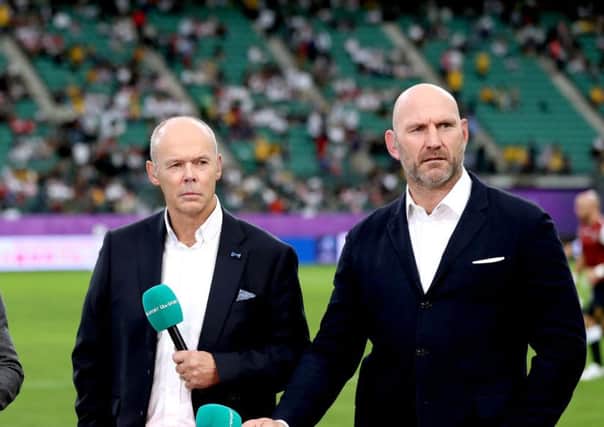 Sir Clive Woodward and Lawrence Dallaglio prictured working pitchside working for ITV in Japan. Picture: David Davies/PA
