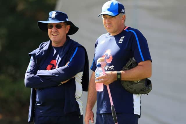New England head coach Chris Silverwood, right, with predecessor Trevor Bayliss. Picture: Mike Egerton/PA