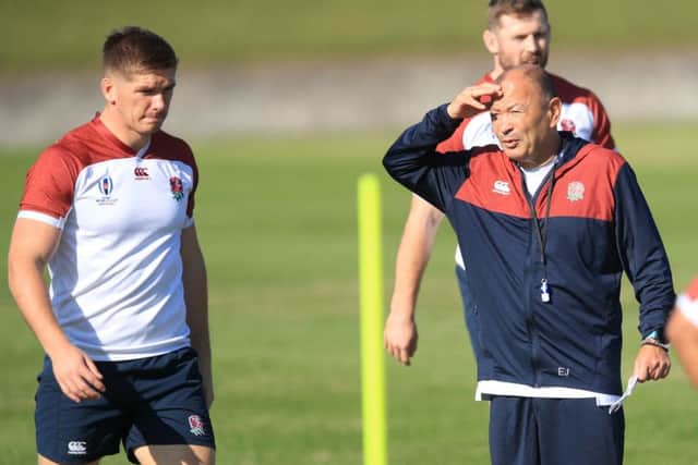 England coach Eddie Jones, right, with captain Owen Farrell during Wednesday's training session at Fuchu Asahi Football Park. Picture: Adam Davy/PA