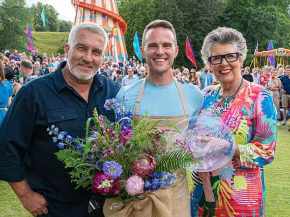 Whitby's David Atherton, Bake Off 2019 winner, with Paul Hollywood and Prue Leith. Credit: Mark Bourdillon/Channel 4.