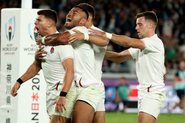 SAME AGAIN PLEASE: Ben Youngs team mates after scoring but his try was disallowed against New Zealand. Picture: David Rogers/Getty Images.
