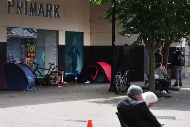 Homeless tents on Oxford Street, Harrogate in June 2019