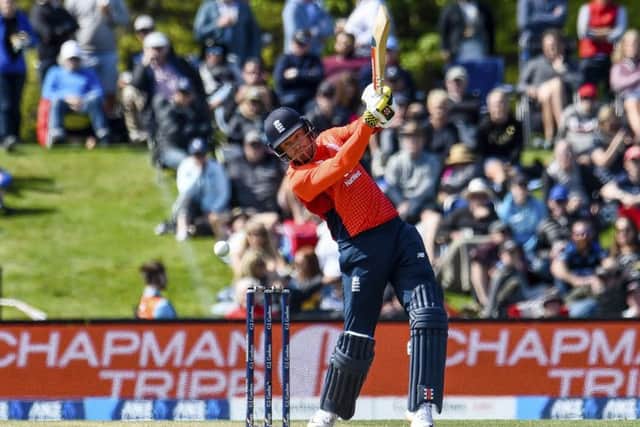 England's Jonny Bairstow smashes the ball through the extra cover area in the first T20 International against hosts New Zealand at Hagley Oval. Picture: Martin Hunter/Photosport via AP