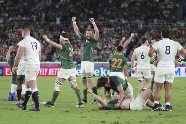 South Africa players celebrate after winning the Rugby World Cup final against England at Yokohama Stadium. Picture: AP/Eugene Hoshiko