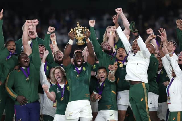 South Africa's Siya Kolis lifts the Webb Ellis cup after winning the 2019 Rugby World Cup final against England at Yokohama Stadium. Picture: David Davies/PA