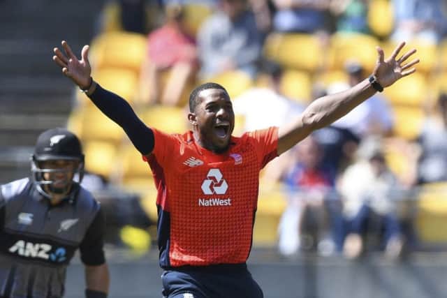 England's Chris Jordan successfully appeals for lbw of New Zealand's Ross Taylor for 28 in Wellington. Picture: AP/Ross Setford