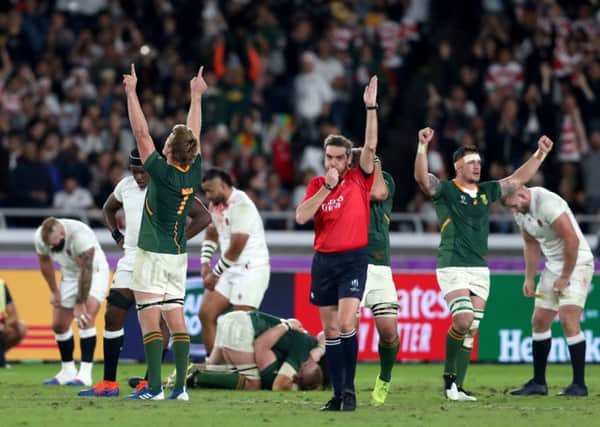 South Africa's Pieter-Steph du Toit celebrates at the final whistle of the 2019 Rugby World Cup final.