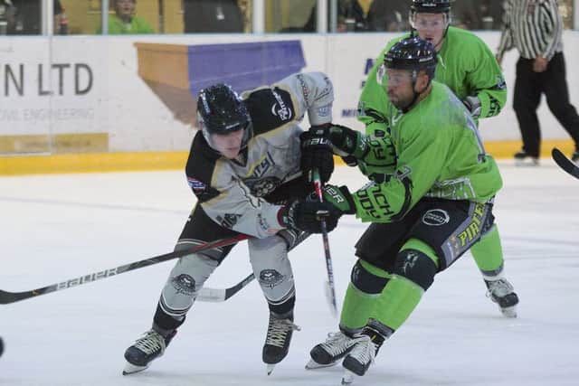 Jason Hewitt, far right, scored an overtime winner for his Hull Pirates team to beat Telford Tigers 5-4. Picture courtesy of Tony Sargent.