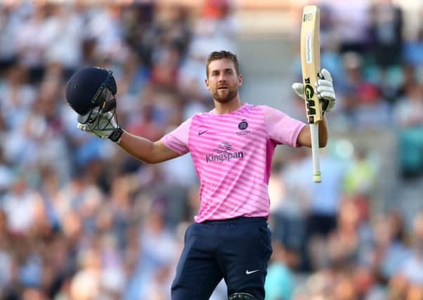 Dawid Malan celebrates a century during the Vitality Blast match between Surrey and Middlesex at The Kia Oval in July. Picture: Jordan Mansfield/Getty Images