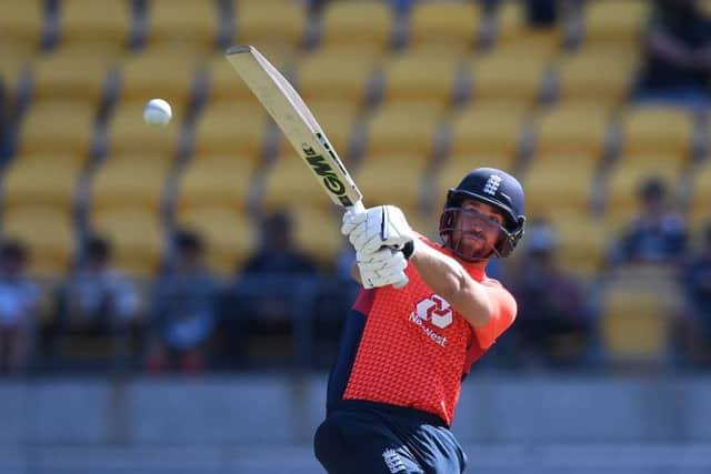 Dawid Malan hits six runs during the second Twenty20 International between New Zealand and England in Wellington. Picture: Gareth Copley/Getty Images