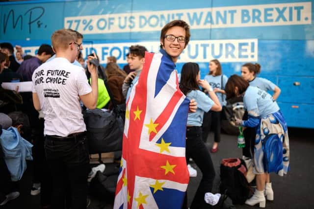 Students and young people gather in Smith Square during an "Our Future, Our Choice" event to raise awareness of the desire for a further referendum on the future of Britain's membership of the European Union, on February 27, 2019 in London. Photo by Leon Neal/Getty Images.