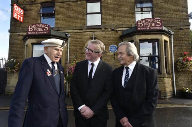 Unveiling of Blue Plaque in honour of Reginald Earnshaw the youngest known British serving casualty WWII at the Brewers Pride , Ossett in September. 
John Hirst, who served with  the Merchant Navy in WWII, unveiled the plaque with landlord Stephen "Chalky" Whyte and Alan Howe local historian.