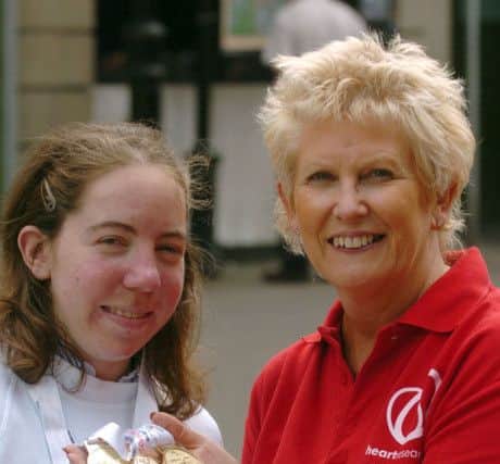 Gold medallist at  British Transplant Games, Lynda Morrison, when shew as 22 with Barbara Harpham, the then National Director of Heart Research UK, supporters of the games.