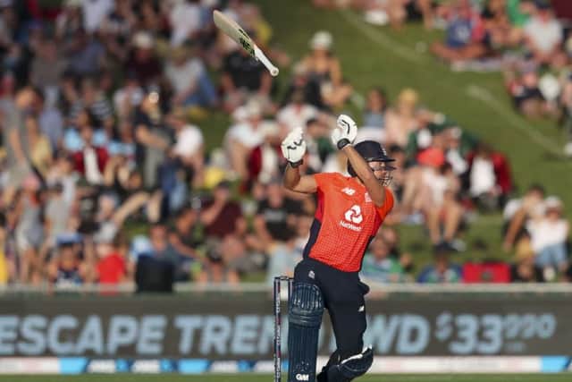 England's Dawid Malan loses his bat during the T20 cricket match between England and New Zealand in Napier. (Picture: John Cowpland/Photosport via AP)