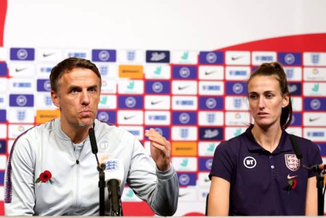 England Manager Phil Neville (left) and England's Jill Scott during the press conference at Wembley Stadium, London. (Picture: Steven Paston/PA Wire)