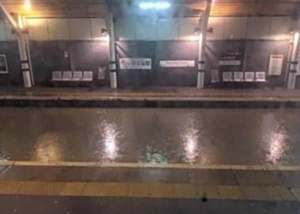 Northern released this image of a flooded platform along with information about train delays and cancellations. Credit: Northern
