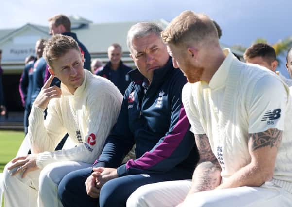 England captain Joe Root, coach Chris Silverwood and Ben Stokes ahead of the tour match against New Zealand XI in Whangarei. Picture: Gareth Copley/Getty Images