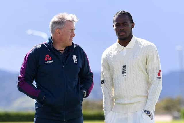 WELCOME: Chris Silverwood speaks with Jofra Archer ahead of the tour match against New Zealand XI at Cobham Oval in Whangarei. Picture: Gareth Copley/Getty Images