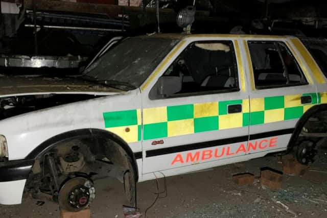 An ambulance car that was stripped for parts