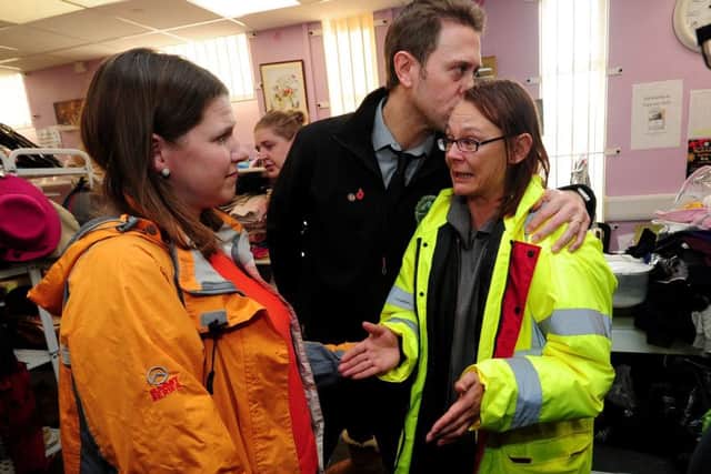 Lib Dem Leader Jo Swinson is pictured on her visit to the Stainforth for All shop, to chat to volunteers about the floods at Fishlake and Bentley. Rosie Squires breaks down in tears as she explains the plight of the area.