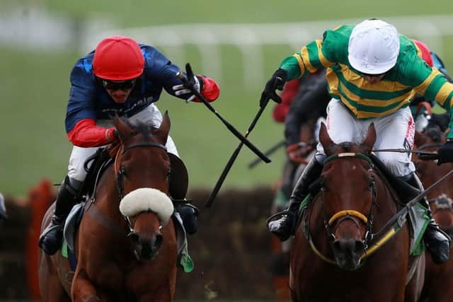 Harry Cobden came to prominence when winning the 2016 Greatwood Hurdle at Cheltenham on Old Guard (left).