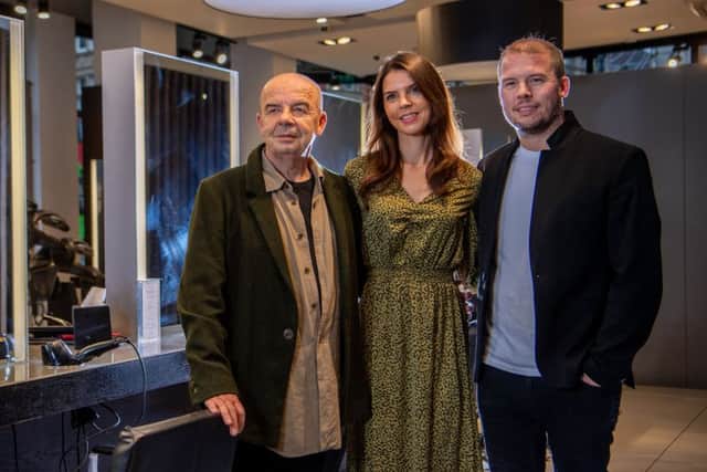 Russell Eaton, at Russell Eaton on Boar Lane, Leeds, with his son Robert, nominated for British Hairdresser of the Year, and daughter Isobel, also an award-winning hairdresser.