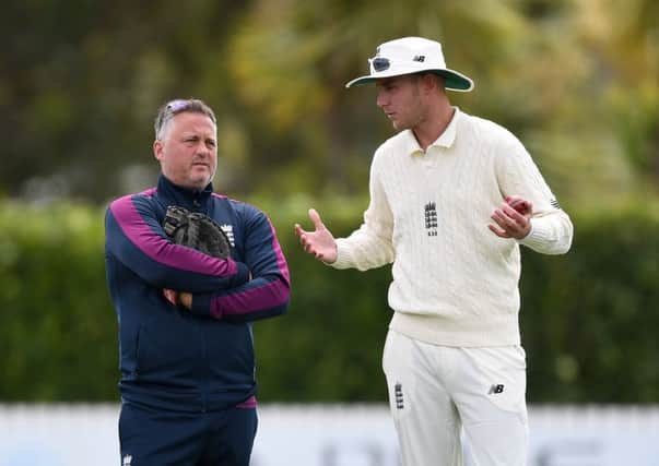 Experienced advice: Darren Gough talks to Stuart Broad. Picture: Getty Images