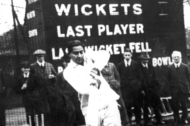 April 1935: Cricketer Kumar Shri Duleepsinhji (1905 - 1959) batting in front of a scoreboard.  (Picture: Miller/Topical Press Agency/Getty Images)