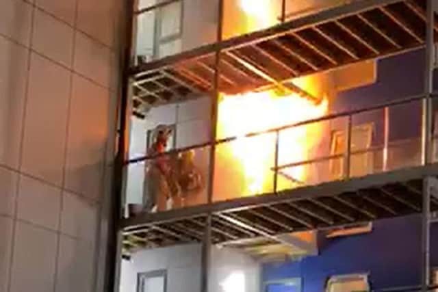 Fire fighters tackling the fire after it had just started on the top floors of a student accommodation building in Bolton, Greater Manchester. The fire eventually spread and engulfed the entire six-storey building. Friday November 15, 2019. 
Photo credit: Rafaela Nunes/PA Wire