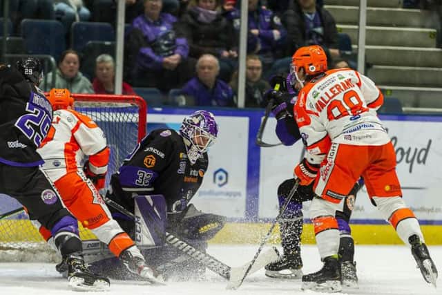 Sheffield Steelers put the Glasgow Clan goal under pressure, but it was to prove a disappointing night in Scotland for Aaron Fox's team. Picture: Al Goold/EIHL.