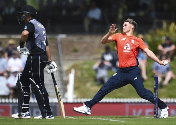 England player Sam Curran bowls during the third Twenty20 international cricket match against New Zealand at Saxton Oval, in Nelson, New Zealand. (Chris Symes/photosport)