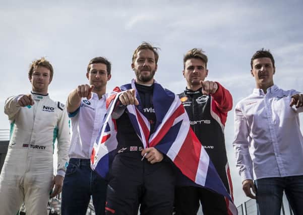 British Formula E drivers Oliver Turvey, Alexander Sims, Sam Bird, Penistone's Oliver Rowland and James Calado line-up ahead of the season-opening double header at Diriyah, Saudi Arabia. Picture: CSM.