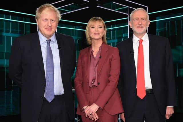 ITV presenter Julie Etchingham with Boris Johnson and Jeremy Corbyn.