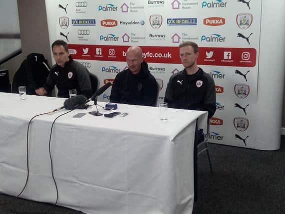 Barnsley head coach Gerhard Struber (centre), flanked by assistants Matt Rose and Max Senft.