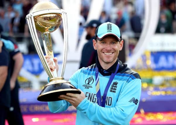 Free-to-air: England's Eoin Morgan celebrates winning the ICC World Cup final at Lord's, which was shown live on Channel 4.
