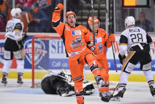 THAT'LL DO NICELY: Eric Meland celebrates his game-tying goal in the third period against Nottingham on Saturday night. Picture courtesy of Dean Woolley.