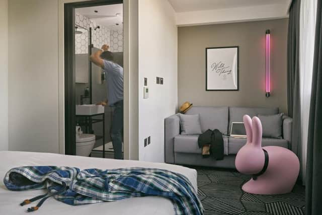 Pad room at the Assembly London Hotel, complete with giant pink rabbit.