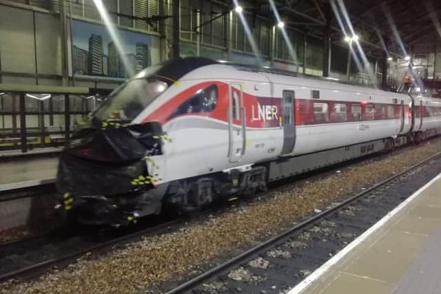 John Sparrow filmed the damaged Azuma passing Platform 16 at Leeds Station on Sunday evening