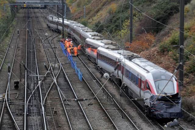 The derailed Azuma at Neville Hill on the morning after the collision