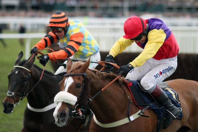 Native River and Richard Johnson (near side) denied Might Bite in an epic renewal of the 2018 Cheltenham Gold Cup.