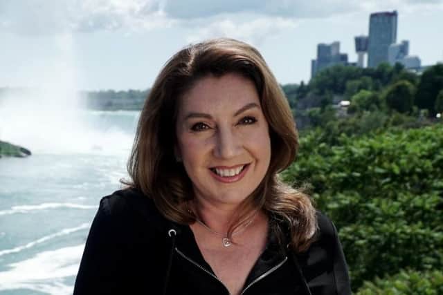 In her latest travels, Jane McDonald cruises up the Great Lakes and stops at Niagara Falls. Picture: PA Photo/Channel 5/Viacom Studios UK.