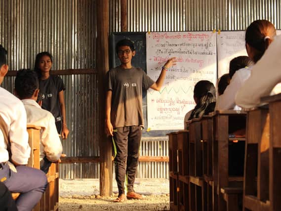 A group of secondary school pupils in Cambodia, attend a workshop led by ICS volunteers. Photo: ICS/Otdam Hor