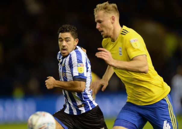 In a chase: Sheffield Wednesday's Massimo Luongo with Birmingham City's Marc Roberts (Picture: Steve Ellis)