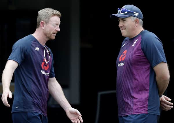 Stepping in: England coach Chris Silverwood, right, talks with assistant Paul Collingwood ahead of the second Test.