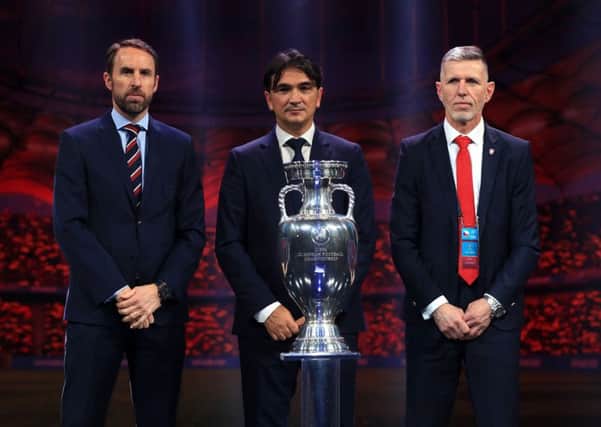 England manager Gareth Southgate (left), Croatia manager Zlatko Dalic (centre) and Czech Republic manager Jaroslav Silhavy during the Euro 2020 Draw at the Romexpo Exhibition Centre, Bucharest.