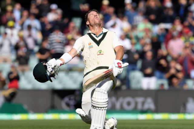 Australia's batsman David Warner celebrates reaching his triple century against Pakistan in Adelaide. Picture: William West/AFP via Getty Images